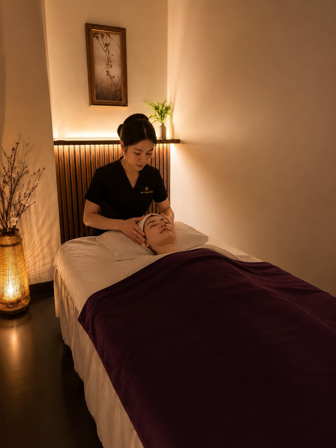 Therapist cradling a guest's head during a warm-lit scalp massage at a New York City head spa