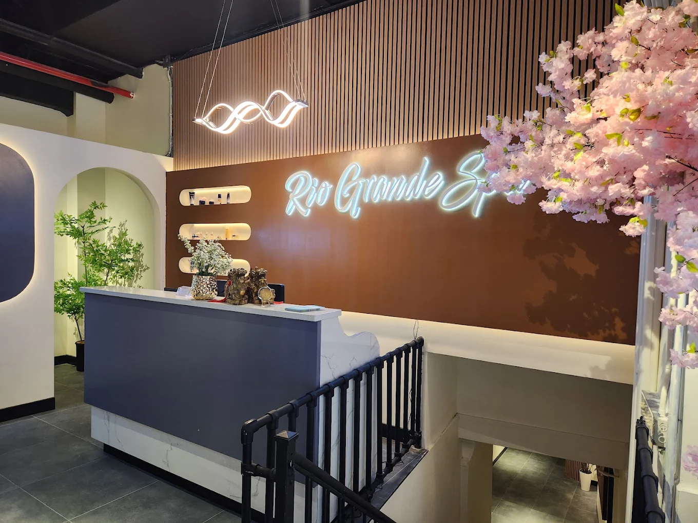 Warmly lit reception area at Rio Grande Spa in Lower Manhattan