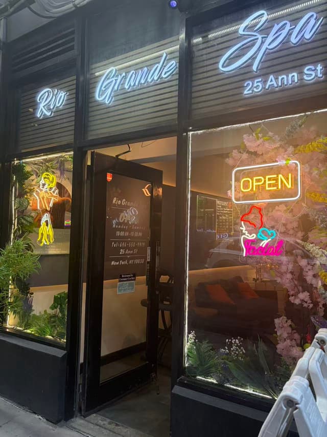 Rio Grande Spa storefront at 25 Ann St in Lower Manhattan with neon signage and an open sign